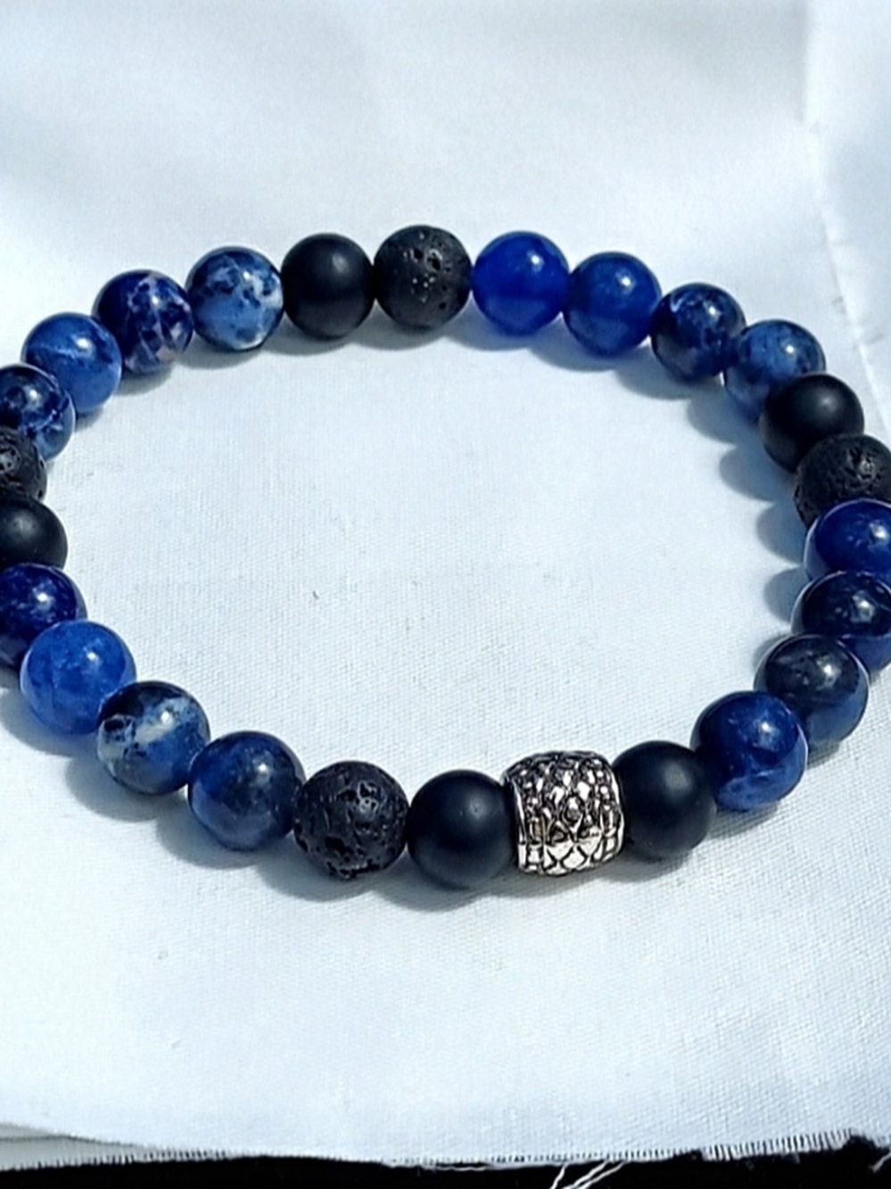 Men's Blue Sodalite Matte Black Onyx Lava Rock Beaded Serpentine Bracelet